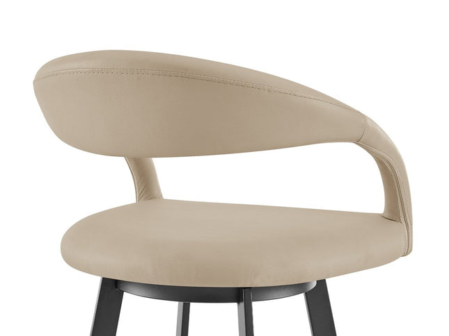 30" Beige and Black Faux Leather and Iron Low Back Bar Height Swivel Bar Chair