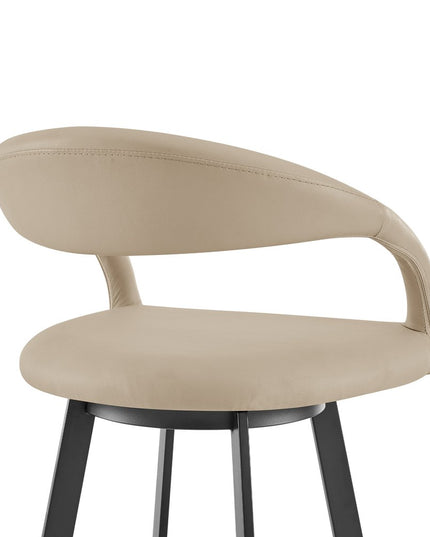 30" Beige and Black Faux Leather and Iron Low Back Bar Height Swivel Bar Chair