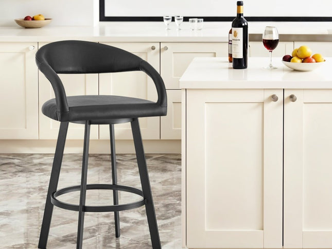 30" Black Faux Leather and Iron Low Back Bar Height Swivel Bar Chair