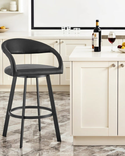 30" Black Faux Leather and Iron Low Back Bar Height Swivel Bar Chair