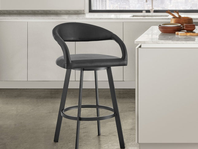 30" Black Faux Leather and Iron Low Back Bar Height Swivel Bar Chair