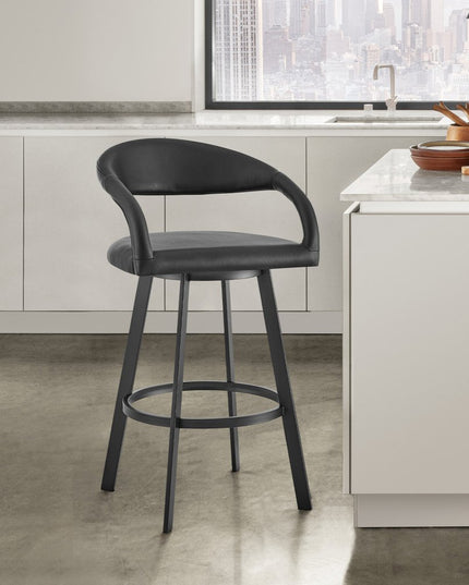 30" Black Faux Leather and Iron Low Back Bar Height Swivel Bar Chair