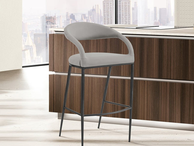 26" Light Gray and Black Faux Leather and Iron Low Back Counter Height Bar Chair