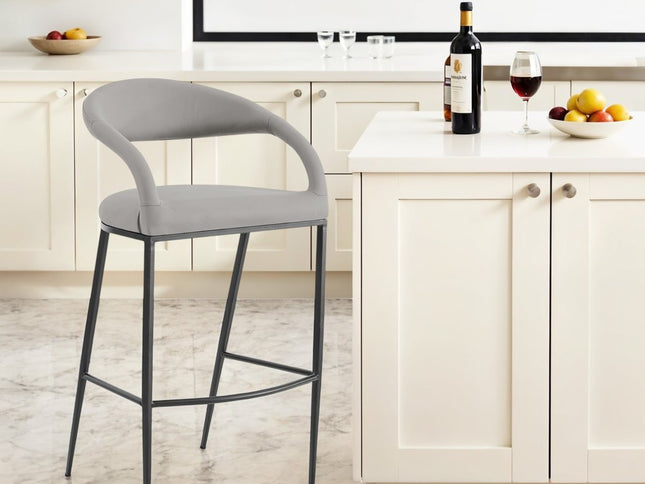 30" Light Gray and Black Faux Leather and Iron Low Back Bar Height Bar Chair