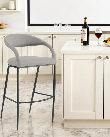 30" Light Gray and Black Faux Leather and Iron Low Back Bar Height Bar Chair