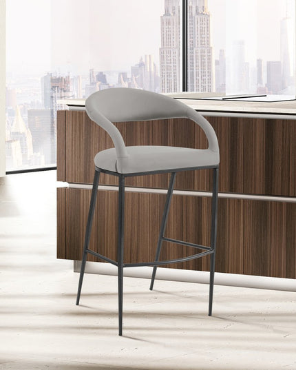 30" Light Gray and Black Faux Leather and Iron Low Back Bar Height Bar Chair