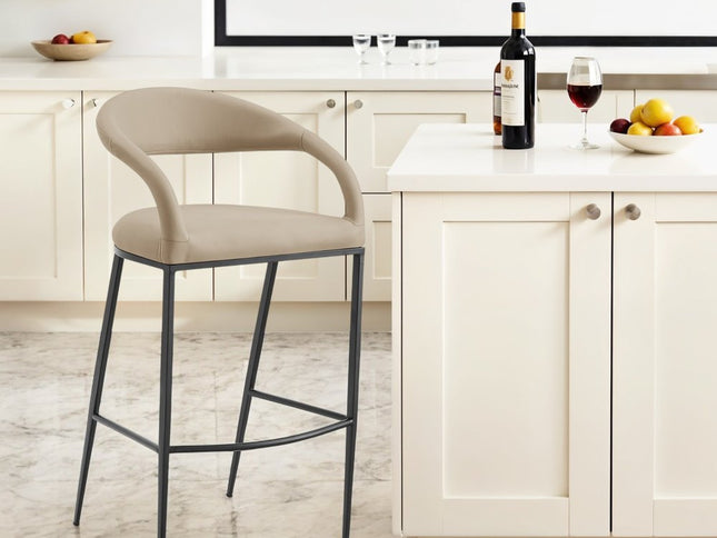 30" Beige and Black Faux Leather and Iron Low Back Bar Height Bar Chair