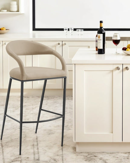 30" Beige and Black Faux Leather and Iron Low Back Bar Height Bar Chair