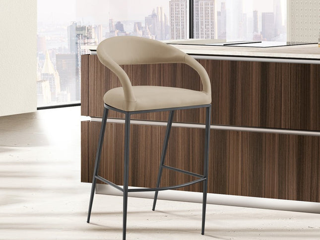 30" Beige and Black Faux Leather and Iron Low Back Bar Height Bar Chair