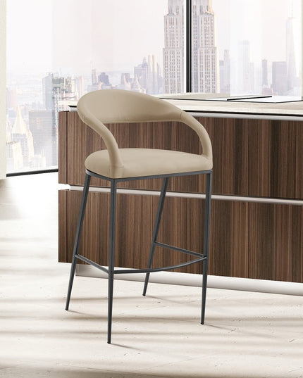 30" Beige and Black Faux Leather and Iron Low Back Bar Height Bar Chair