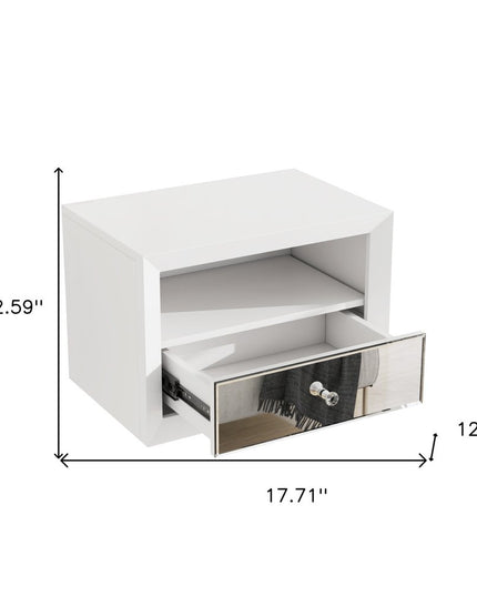 13" White Wood And Mirrored Glass One Drawer Floating Nightstand