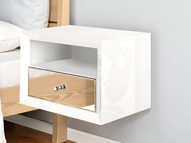 13" White Wood And Mirrored Glass One Drawer Floating Nightstand