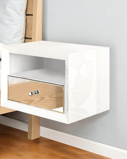 13" White Wood And Mirrored Glass One Drawer Floating Nightstand