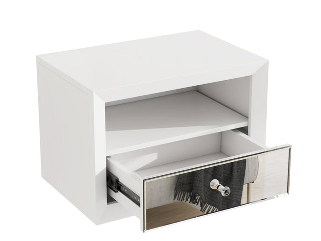 13" White Wood And Mirrored Glass One Drawer Floating Nightstand
