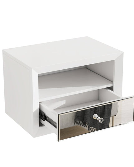 13" White Wood And Mirrored Glass One Drawer Floating Nightstand