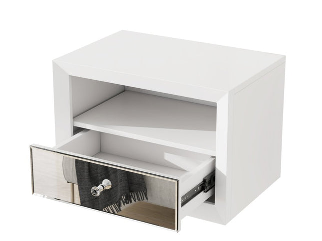 13" White Wood And Mirrored Glass One Drawer Floating Nightstand