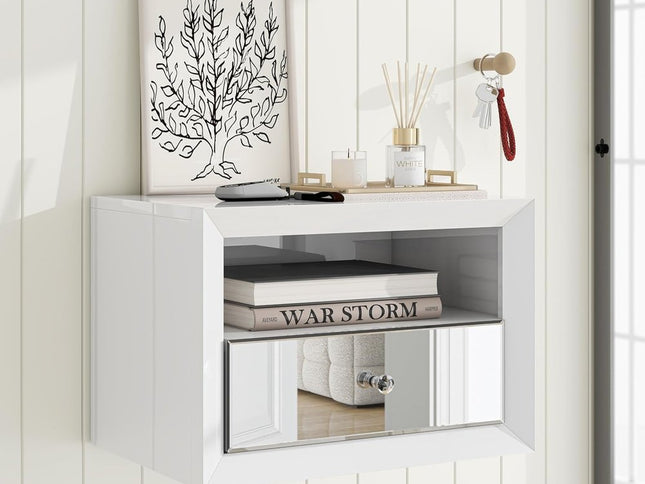 13" White Wood And Mirrored Glass One Drawer Floating Nightstand