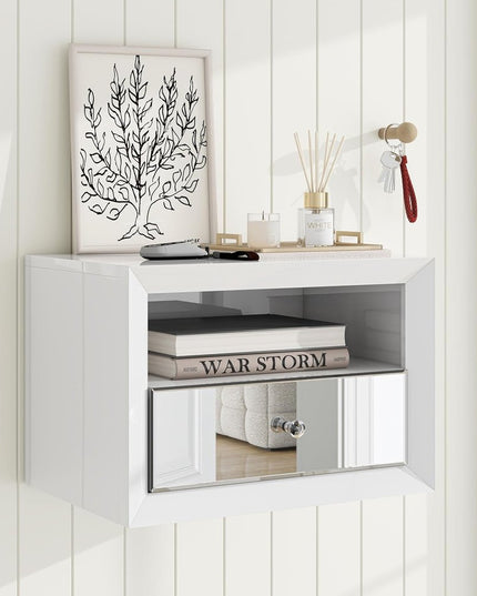 13" White Wood And Mirrored Glass One Drawer Floating Nightstand