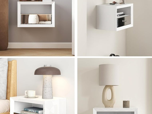 13" White Wood And Mirrored Glass One Drawer Floating Nightstand