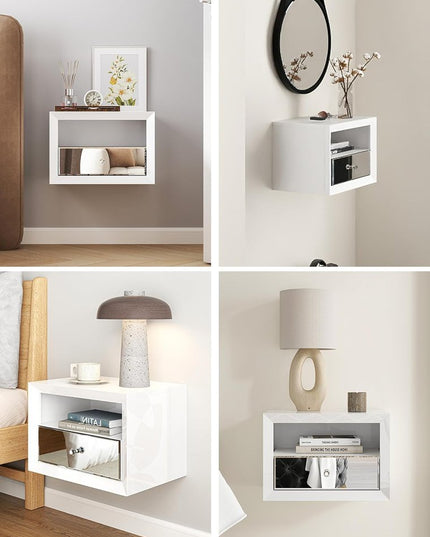 13" White Wood And Mirrored Glass One Drawer Floating Nightstand