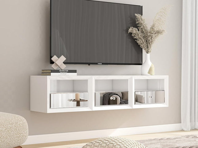 13" White Wood And Mirrored Glass One Drawer Floating Nightstand