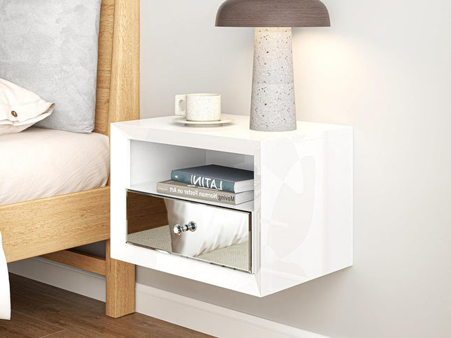 13" White Wood And Mirrored Glass One Drawer Floating Nightstand