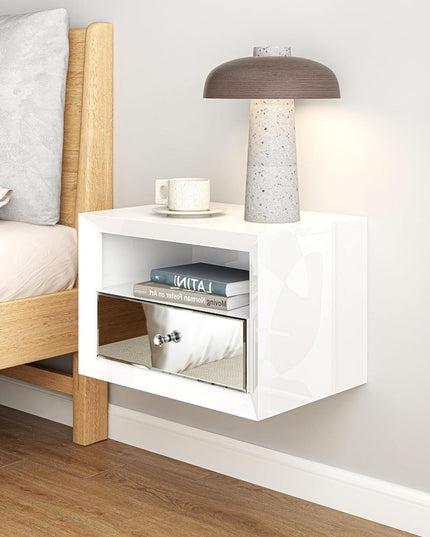 13" White Wood And Mirrored Glass One Drawer Floating Nightstand