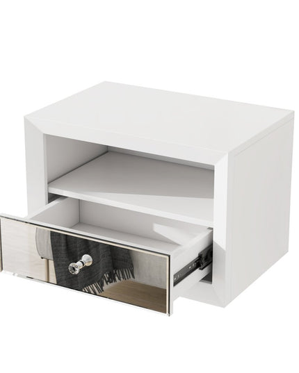 13" White Wood And Mirrored Glass One Drawer Floating Nightstand
