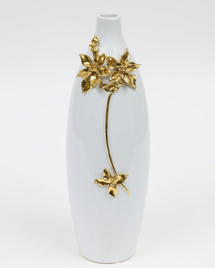 18" Gold Floral Oval Ceramic Table Vase With Sculptural Details