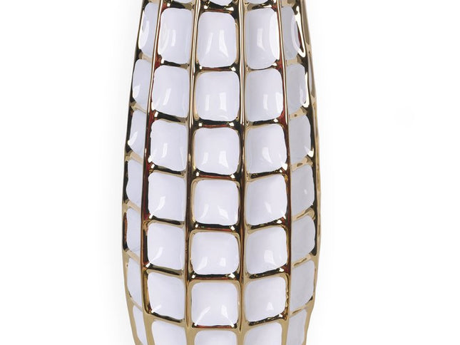 17" White Checkered Oval Porcelain Table Vase With Sculptural Details