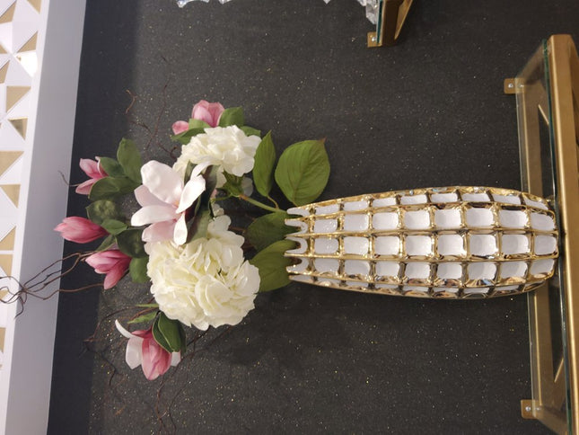 17" White Checkered Oval Porcelain Table Vase With Sculptural Details