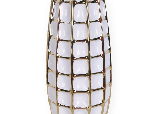 17" White Checkered Oval Porcelain Table Vase With Sculptural Details