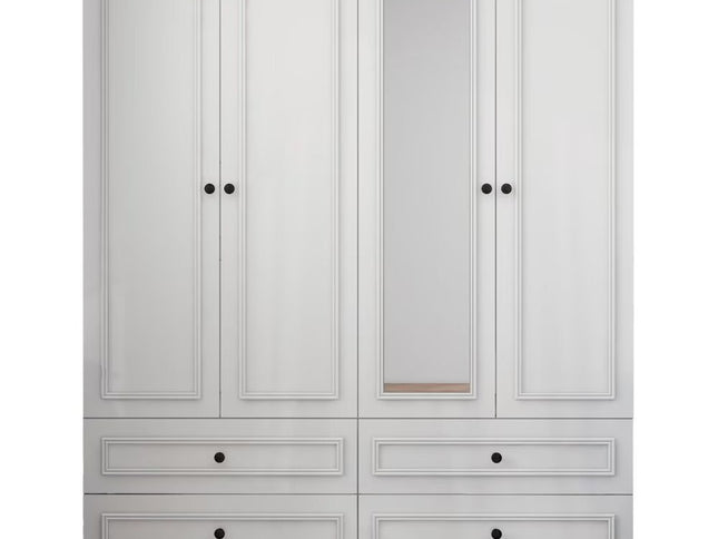 71" White Carved Geometric Mirrored Four Door Four Drawer Combo Dresser
