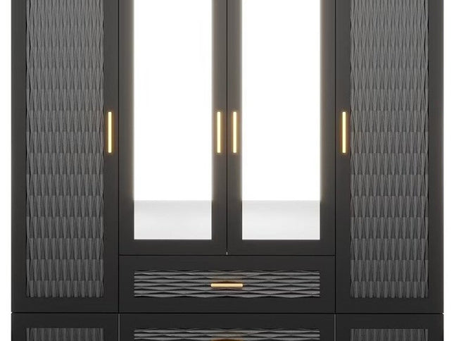 71" Black Gray And Gold Carved Geometric Mirrored Six Door Three Drawer Combo Dresser