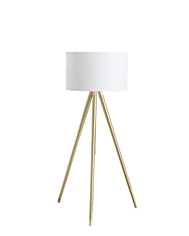Gold Metal Adjustable Tripod Floor Lamp With White Linen Drum Shade