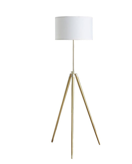 Gold Metal Adjustable Tripod Floor Lamp With White Linen Drum Shade