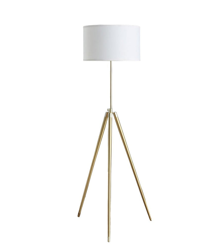 Gold Metal Adjustable Tripod Floor Lamp With White Linen Drum Shade