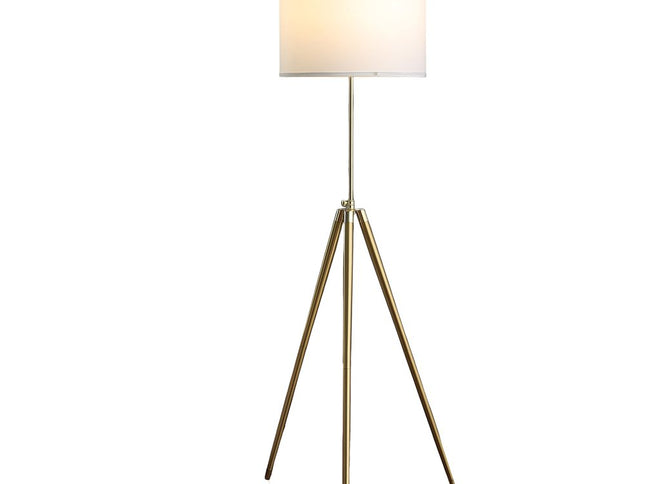 Gold Metal Adjustable Tripod Floor Lamp With White Linen Drum Shade