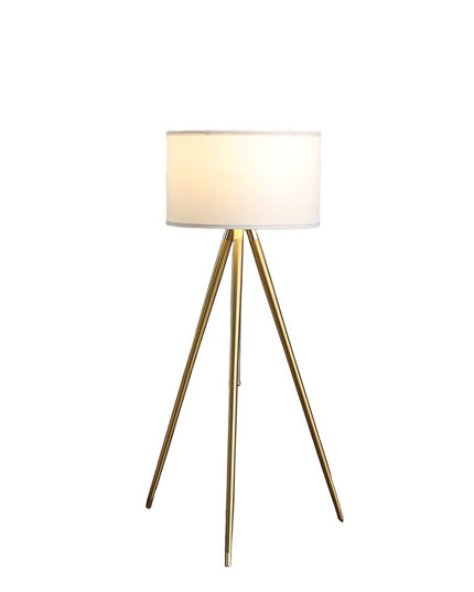Gold Metal Adjustable Tripod Floor Lamp With White Linen Drum Shade