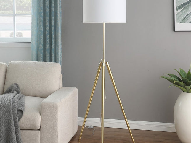 Gold Metal Adjustable Tripod Floor Lamp With White Linen Drum Shade