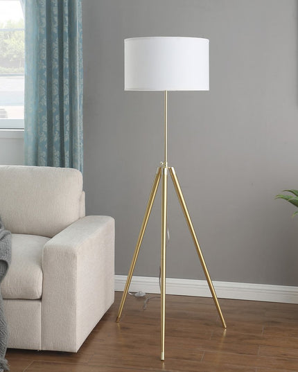 Gold Metal Adjustable Tripod Floor Lamp With White Linen Drum Shade