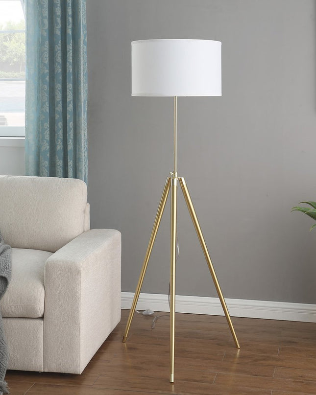 Gold Metal Adjustable Tripod Floor Lamp With White Linen Drum Shade