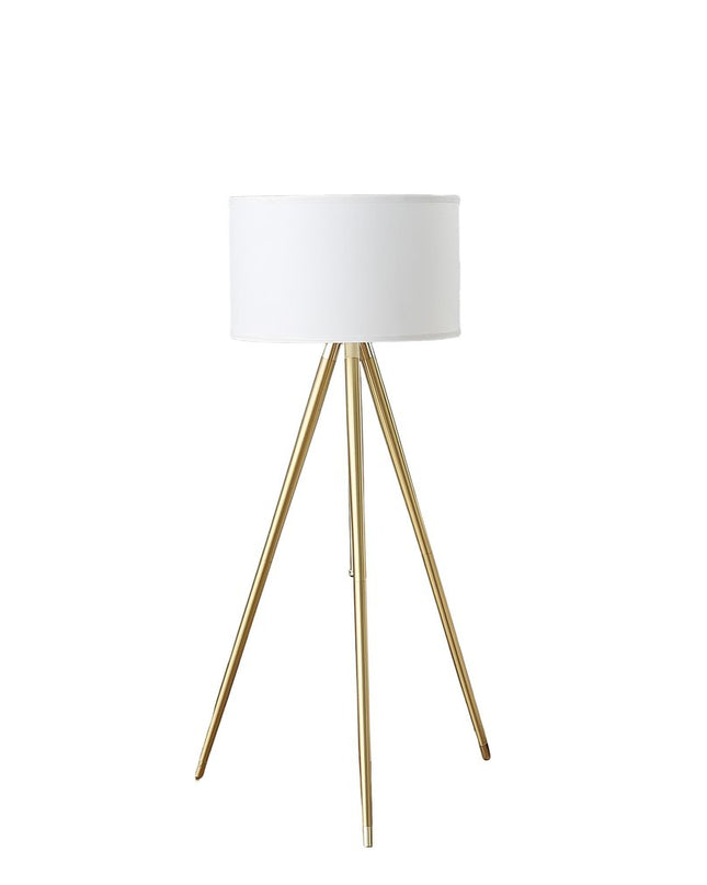 Gold Metal Adjustable Tripod Floor Lamp With White Linen Drum Shade