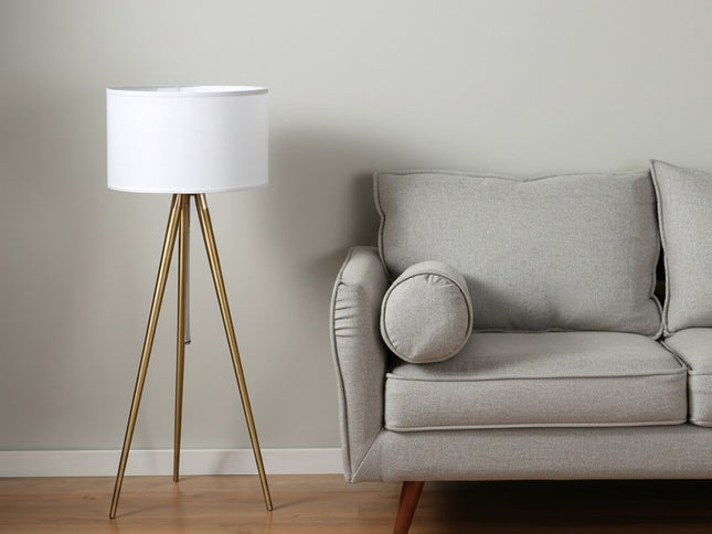 Gold Metal Adjustable Tripod Floor Lamp With White Linen Drum Shade