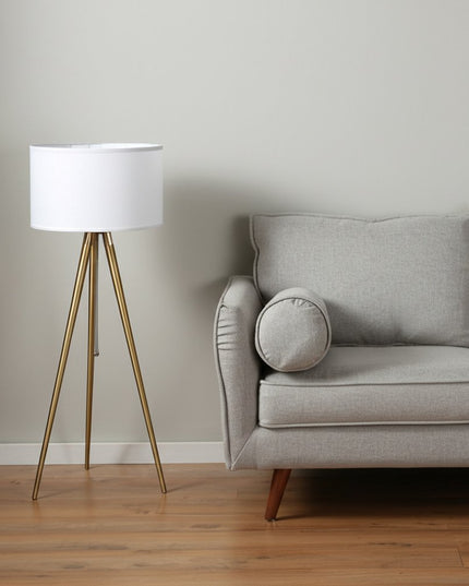 Gold Metal Adjustable Tripod Floor Lamp With White Linen Drum Shade