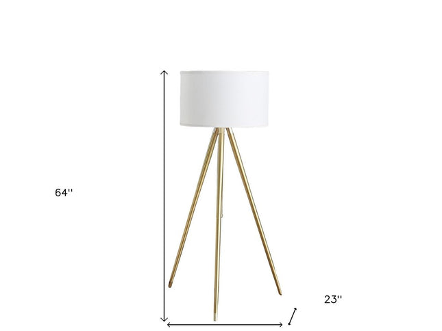 Gold Metal Adjustable Tripod Floor Lamp With White Linen Drum Shade