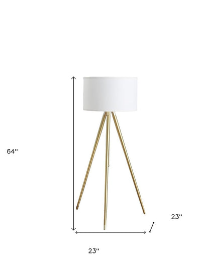 Gold Metal Adjustable Tripod Floor Lamp With White Linen Drum Shade