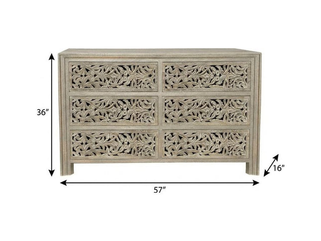 57" Gray Carved Scrollwork Solid Wood Six Drawer Dresser
