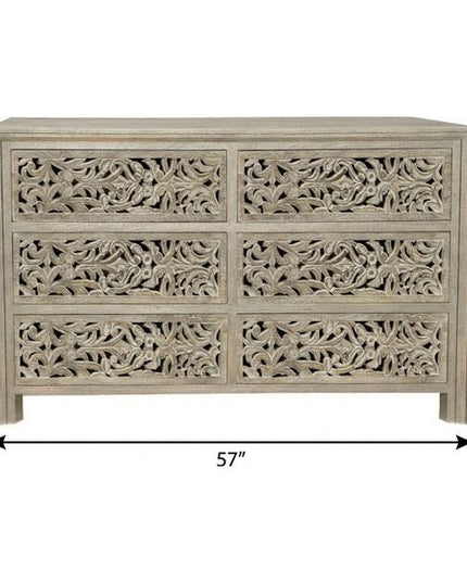 57" Gray Carved Scrollwork Solid Wood Six Drawer Dresser