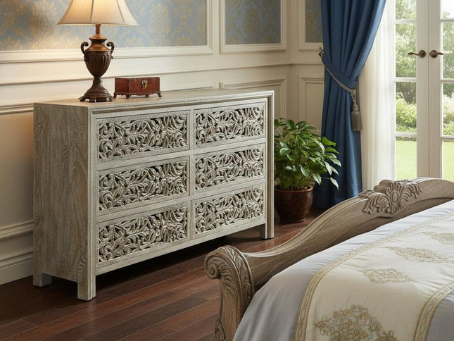 57" Gray Carved Scrollwork Solid Wood Six Drawer Dresser